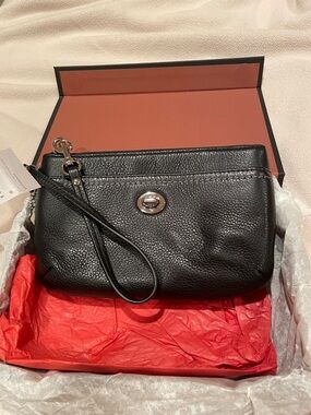 Coach Black Pebbled Leather Wristlet with Silver Turnlock